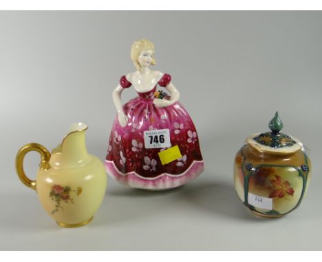 Coalport figure 'Rosemary' together with a Royal Worcester blush ivory jug & Royal Worcester lidded vase (damaged)