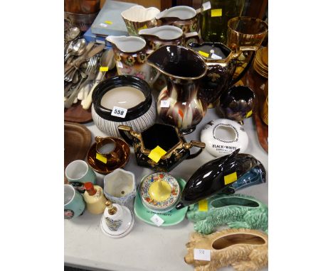 Parcel of mixed china including Poole dolphin, black & white Scotch whisky bowl, Sylvac dogs etc
