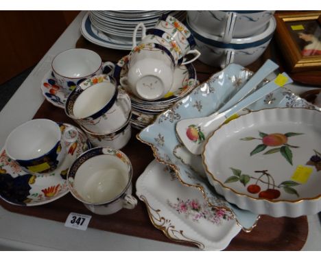 Tray of mixed china including Royal Worcester 'Evesham Gold' flan dish, Gaudy Welsh cup & saucer, Old Foley serving bowl etc