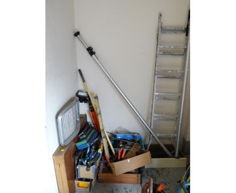 Quantity of various tools, stepladder, pasting table, lighting etc