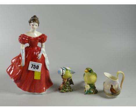 Royal Doulton figure - 'Winsome', two Beswick bird figures & a small Royal Worcester ewer decorated with a pheasant