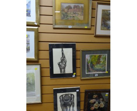 A framed watercolour of figures in a village street, signed A R QUINTON together with two framed drawings of female athletes 
