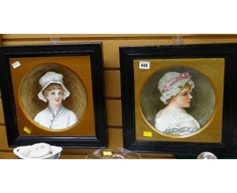 Two framed continental porcelain portrait plates with head & shoulders of females, indistinct signature to one