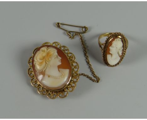 A cameo brooch & ring in a 9ct gold setting