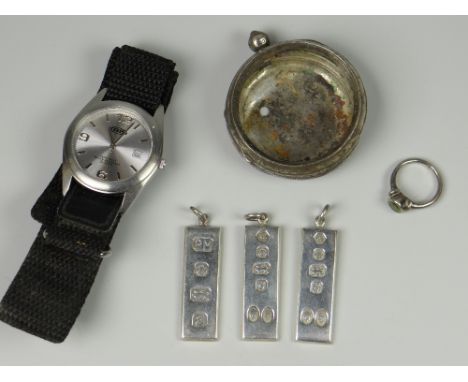 Three hallmarked silver ingots, silver ring, silver watch case & a gents wristwatch