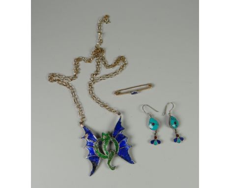 A 9ct gold dragon enamel brooch, enamel earrings & a 9ct gold bar brooch