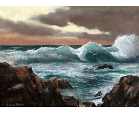 RICHARD BRITTON mixed media - seascape with waves crashing onto rocks, signed