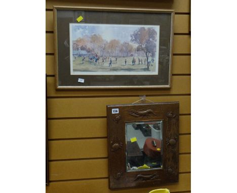 Beaten copper framed mirror with crabs in relief together with a limited edition rugby print entitled 'The Line Out' (being s
