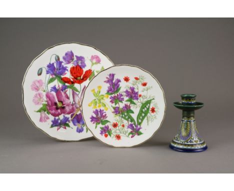 A set of nine Royal Albert Collectors plates decorated with flowers and a Gouda blue short candlestick