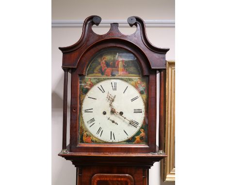 An early 19th century crossbanded mahogany cottage longcase clock with arched hood with broken scroll pediment enclosing a 13