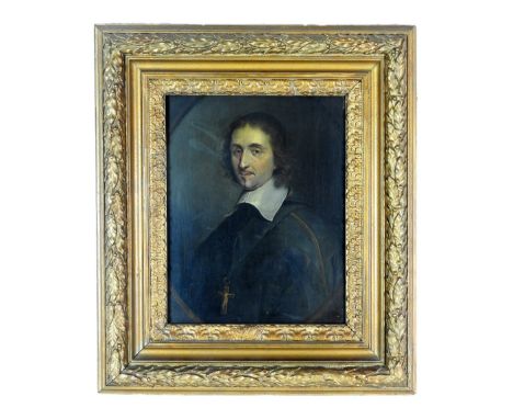 Follower of Philippe de Champaigne (Brussels 1602 - 1674 Paris) Portrait of a clergyman, half length wearing a black coat, wh