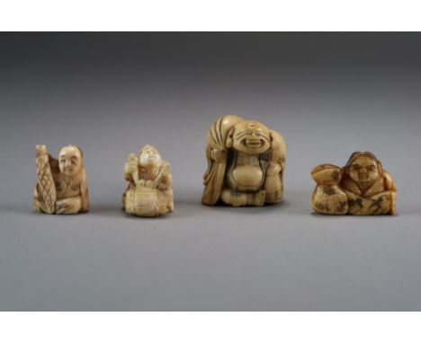 Four Japanese bone and ivory netsuke of fortune gods, Meiji period, the first marine ivory and modelled as Daikokuten seated 