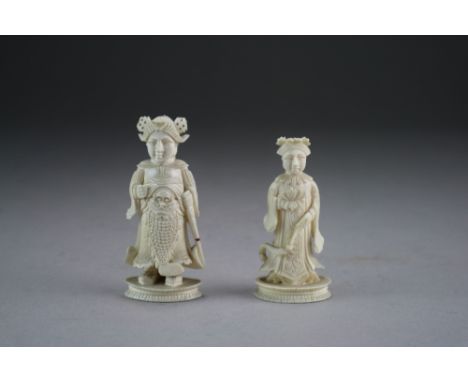 Two small Chinese ivory figures or chess pieces, 19th Century, the first modelled as Gunayin, 6.5cm high, the second as a gua
