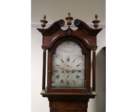 A George III oak and chequer strung longcase clock, the broken scroll swan neck pediment with three finials above on arched d