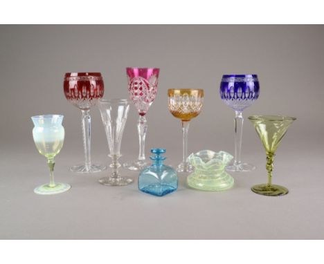 A selection of late 19th/early 20th century coloured glassware including cranberry wines and Art Nouveau glassware including 