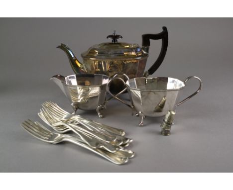 A large collection of silver plated flatware, together with a silver plated tray, silver plated three piece tea service, plat