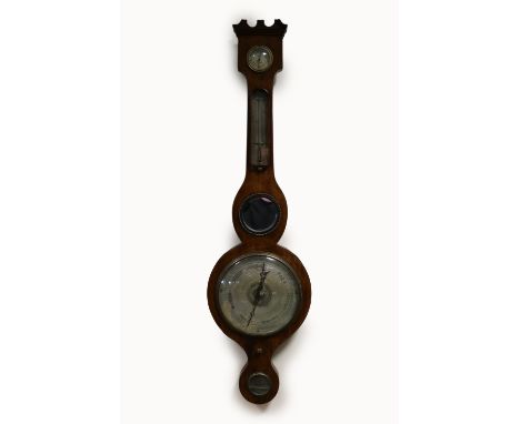 A 19th century mahogany wheel barometer with swan neck pediment (reduced), hygrometer, thermometer, butler's mirror and 8 inc