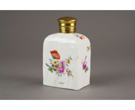A German porcelain tea caddy with gilt brass cover, 19th century, painted in polychrome with Deutsche Blumen flowers, unglaze