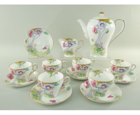 SHELLEY BONE CHINA PART COFFEE SERVICE FOR SIX, pattern 13036, printed and enamelled with poppies Condition Report: sugar bow