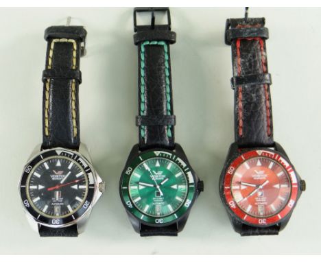 THREE VOSTOK 'K-3 SUBMARINE' GENTLEMAN'S AUTOMATIC WRISTWATCHES in green, red and black dials respectively (3)