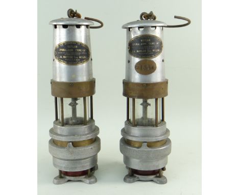TWO VINTAGE J. H. Naylor Ltd. (Wigan) SPIRALARM Type 'M' MINERS LAMPS (2)