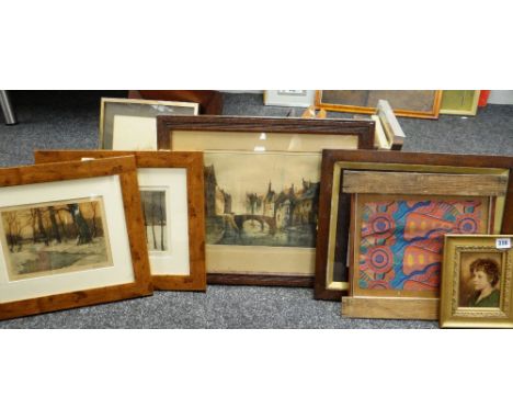 ASSORTED PRINTS, including small crystoleum portrait of a boy, French aquatint engravings of winter landscapes ETC (appr. 23)