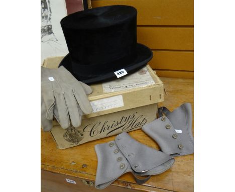 VINTAGE GENTLEMAN'S ACCESSORIES comprising good Christy's top hat in cardboard box with associated label, pair of grey spatz 