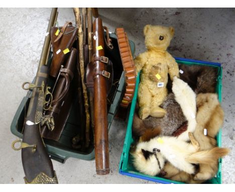 VINTAGE ENGLISH GOLDEN PLUSH TEDDY BEAR with growler (play worn), three fur stoles and a group of walking canes and ornamenta