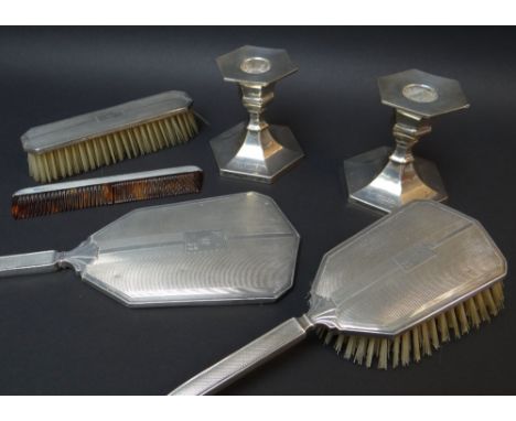 EDWARD VIII SILVER VANITY SET, BIRMINGHAM 1948-49, with engine turned decoration and initialled cartouches 'KWH', comprising 