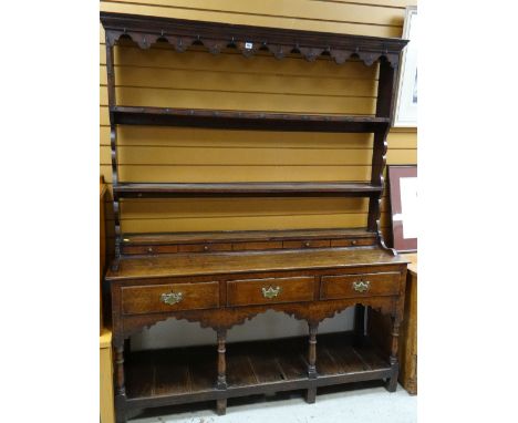 18TH CENTURY OAK WELSH DRESSER, open two-shelf Delft rack with original wrought iron hooks, on base with dummy spice drawers,
