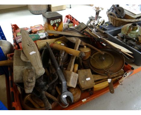 LARGE COLLECTION OF WOOD &amp; METAL DOMESTIC UTENSILS including copper frying pans, wooden mallets, various tools ETC