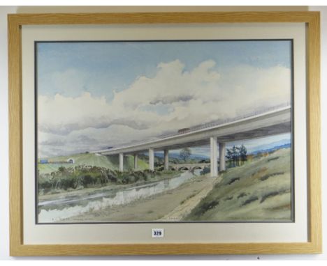 SIDNEY FERRIS OF FREEMAN FOX &amp; PARTNERS architectural drawing with watercolour -  'Ogmore Viaduct', signed and with compa