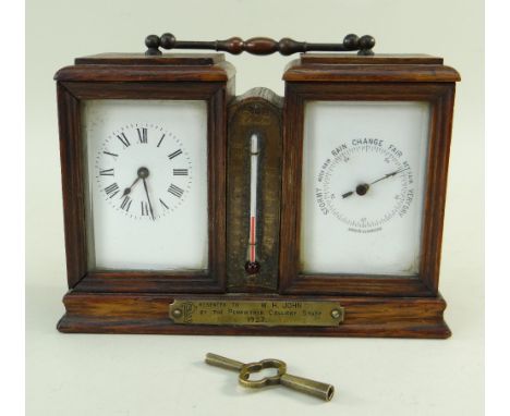 WELSH MINING INTEREST: A GEORGE V DESK COMPANION, oak case French carriage timepiece, aneroid barometer and spirit thermomete