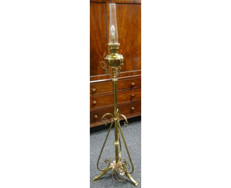 ARTS &amp; CRAFTS BRASS &amp; COPPER STANDARD OIL LAMP in the style of W.A.S Benson, with glass funnel converted to electrici