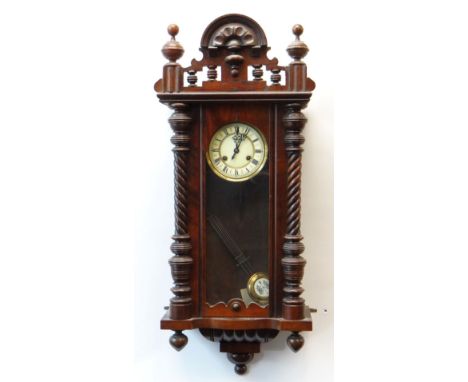 EARLY 20TH CENTURY GUSTAV BECKER WALNUT VIENNA-TYPE WALL CLOCK with architectural pediment, column-twist pilasters flanking g