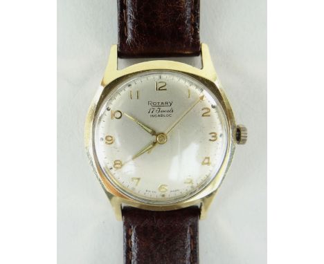 VINTAGE 9CT GOLD ROTARY GENTLEMANS WRISTWATCH, Swiss cal. 645 (ETA 2370) manual wind 17-Jewel movement, signed champagne dial