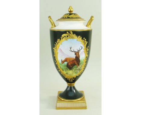 PROBABLY UNIQUE WEDGWOOD BONE CHINA VASE & COVER painted with vignette after Landseer's 'Monarch of the Glen' signed M. Harne