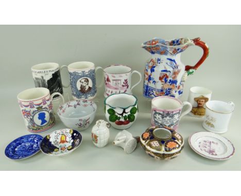 ASSORTED COLLECTABLE CERAMICS including 19th Century Masons Ironstone octagonal jug, 20cms high, pink lustre pottery tankards