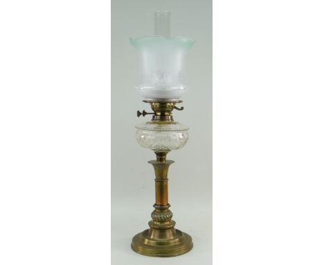 VICTORIAN BRASS & CUT GLASS OIL LAMP with later frosted glass shadeThere are a few small dents in the brass at the base of th