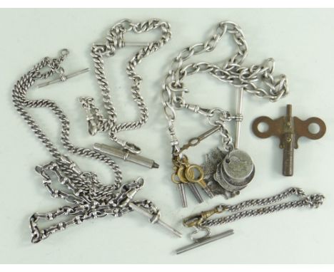 ASSORTED SILVER &amp; WHITE METAL POCKET WATCH CHAINS and clock winder