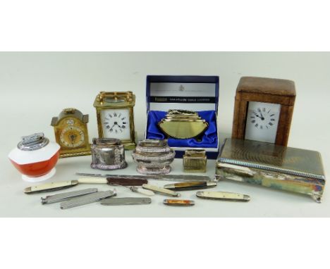 GROUP OF CLOCKS &amp; SMOKING ACCESSORIES, comprising two gilt brass five-glass carriage clock, one with leather carry case a