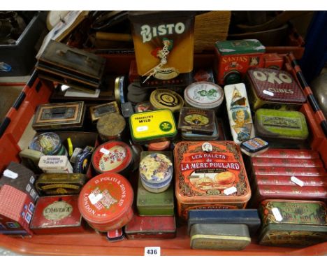 LARGE COLLECTION OF VINTAGE ADVERTISING TINS including biscuit tins, Oxo, Bisto ETC