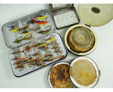 FOUR VINTAGE FLY TINS, including Hardy fly box with 60 salmon flies (internal leaf hinge damaged, dented and scratched), Hard