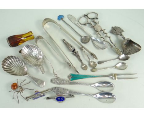 COLLECTION OF SILVER &amp; PLATED COLLECTIBLES, including George III silver sugar tongs by Henry Brind, George III bright-cut
