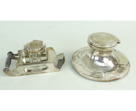 TWO SIMILAR SILVER INKWELLS, one late Victorian of sled design, Birmingham 1899, John Grinsell &amp; Sons, together with silv