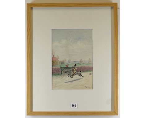 OSCAR LARUM ink and watercolour, caricature of a gentleman riding galloping horse being chased by a terrier, signed and dated