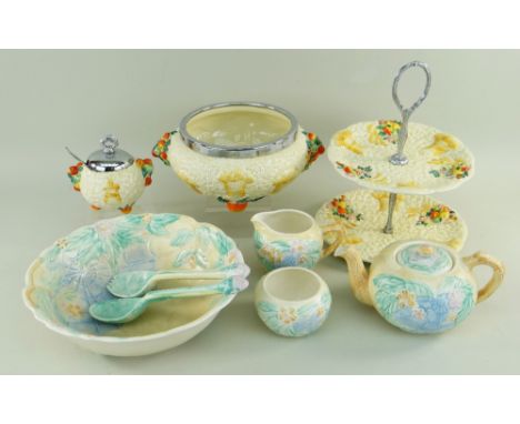 CLARICE CLIFF &amp; AVON TABLE WARES, comprising 'Celtic Harvest' salad bowl with chrome rim 25.5cms diam, preserve jar with 