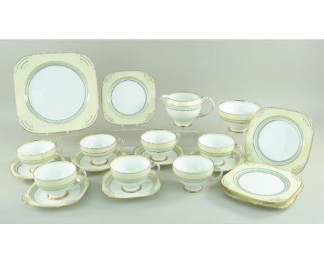 STYLISH PARAGON BONE CHINA ART DECO PART TEA SERVICE, lemon, green and gilt bands, printed marks 'Replica of service made for