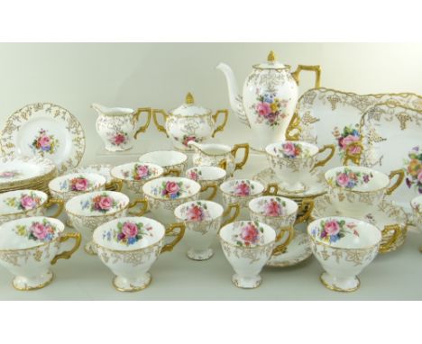 GOOD ROYAL CROWN DERBY 'VINE' PATTERN PART COFFEE & TEA SERVICE each painted with flowers by F Garnett, elaborate gilt raised