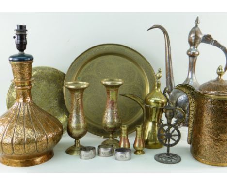 ASSORTED MIDDLE EASTERN METALWARE including copper huqqa base converted to electric lamp, similar coffee pot ETC